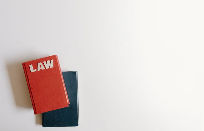 Flat lay of a red law book and a blue book on a white background, perfect for legal themes.
